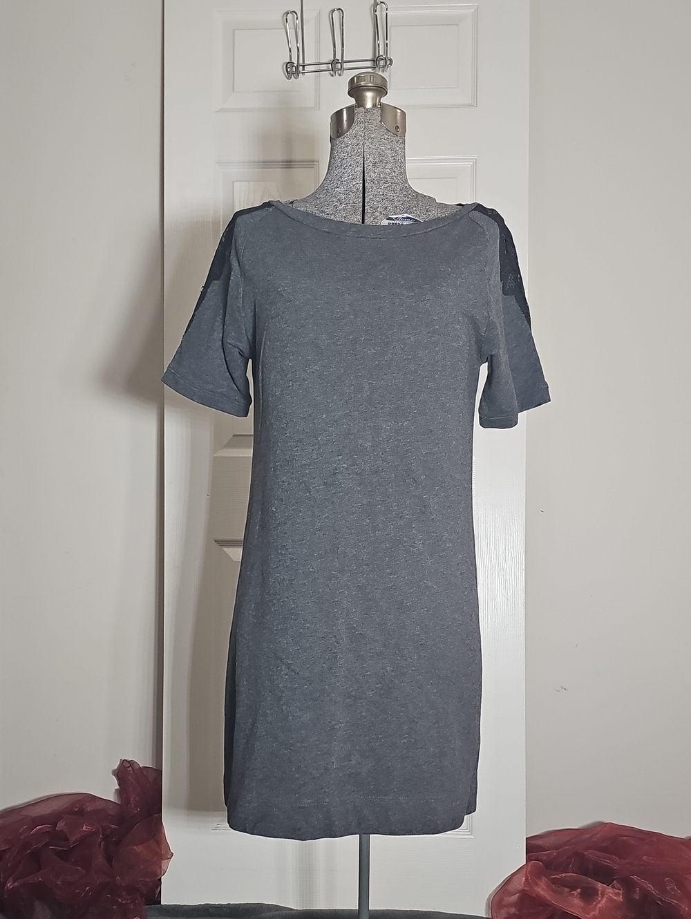 ​LOFT Grey Charcoal 100% Cotton Black Lace Shoulder T-Shirt Mini Dress XS